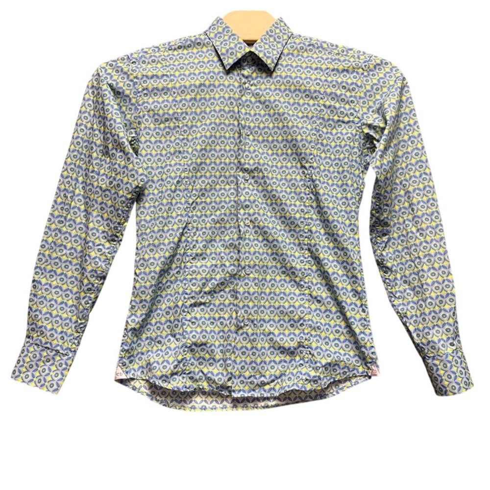 Coton Doux Mens Geometric Print Button Down Shirt Blue Yellow French 39 15.5 M